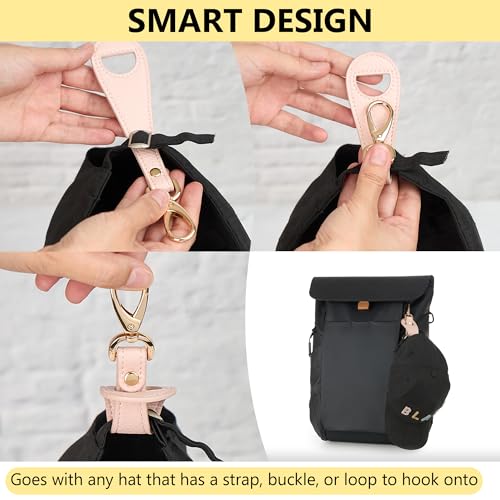 Hat Clip for Travel, Cap Holder Strap for Bags | Faux leather tab, zinc alloy clasp, fits baseball snapback and ponytail caps, mouse ear holder, hands free travel - color: Pink