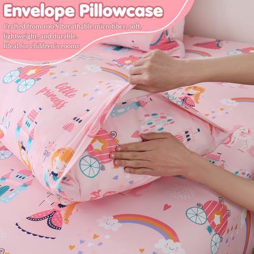 Twin Sheet Set for Girls, Pink Princess Themed Kids Bed Sheets 3 Pieces | Soft Breathable Printed Microfiber Bed Sheet for Kid Room,Fitted Sheet with 15 inch Deep Pocket and Pillowcase Set - color: Princess, size: Twin