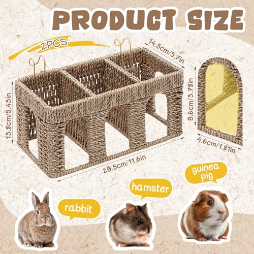Sliner 2 Pcs Natural Seagrass Guinea Pig Hay Feeder, Five Arch Rabbit Hay Rack Holder with Metal Hanging Hook, Less Waste for Bunny Chinchillas, Small Animal Cage Accessories, Pet Gifts