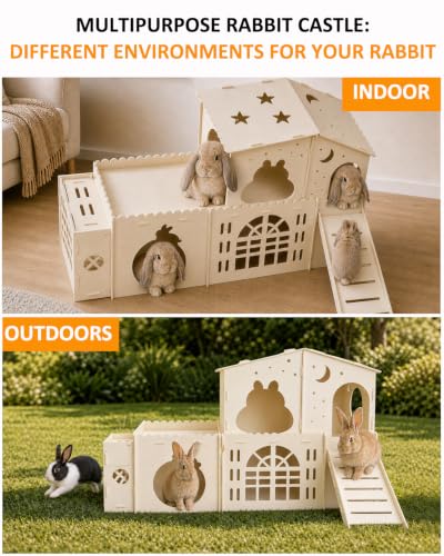 Wooden Bunny Castle, 2-Story Rabbit House and Rabbit Hideout | with Slide, 5-Room Bunny House Indoor for Guinea Pigs, Chinchillas and Small Animals