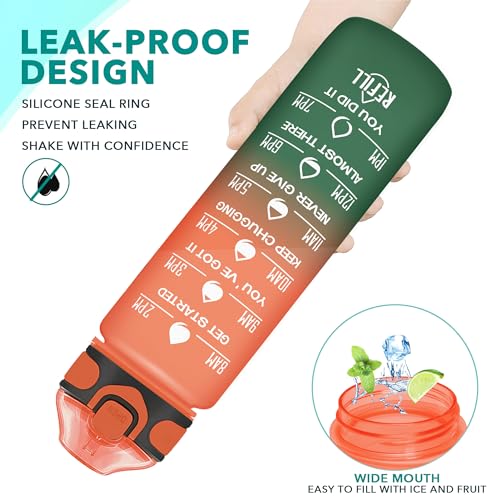 Enerbone 32 oz Drinking Water Bottle with Times to Drink and Straw, Motivational with Carrying Strap, Leakproof BPA & Toxic Free, Ensure You Drink Enough Water for Fitness Gym Outdoor - color: Dawn Fields