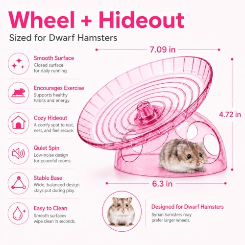 Silent Hamster Wheel with Hamster Hideout, Quiet Flying Saucer Exercise Wheel for Dwarf Hamsters, Stable Running Wheel, Small Animal Cage Accessory, Easy to Clean (Pink) | 2-in-1 flying saucer wheel with hideout, quiet spin, wide track, clear body, stable