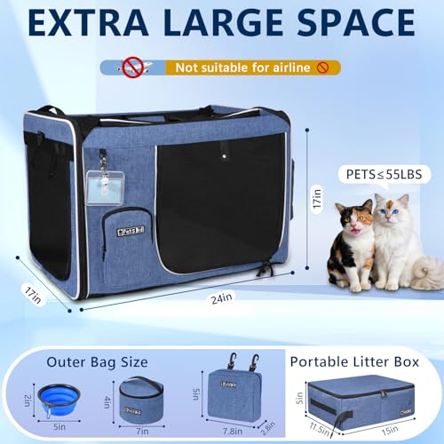 Extra Large Cat Carrier with Litter Box for Car Travel, Blue | 24"L x 17"W x 17"H, Lockable Safety Zippers and Seatbelt Loops, for 1 Medium-Large Cat or 2 Small Cats Under 55 lbs - color: Blue