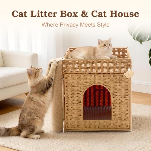 Stylish Cat Litter Box Enclosure with Scratching Post – Handwoven Rattan Cat House, Hidden Litter Mat & Fence, 20.5×18.5×19.1 in, Indoor & Outdoor Use