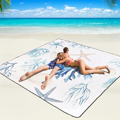 WIWIGO Beach Blanket Mat Waterproof Sandproof for 2-8 Adults Quick Drying | Extra Large, For 2-8 Adults,Windproof, Outdoor Picnic Mat, Beach Accessories Must Have,Gifts, for Travel, Camping, Hiking - color: Sea Creature - Burlap, size: 79" X 83"（1-4person
