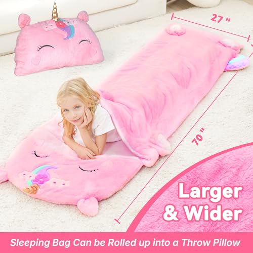 iPlay, iLearn Kids Unicorn Sleeping Bag, Toddler Girl Daycare Plush Nap Mat | 2 In 1 Animal Slumber Bag, Pink Pillow, Happy Travel Sleepover Preschool Birthday Gift for Age 3 4 5 6 7 8 10 12 Child Teens - style: Unicorn
