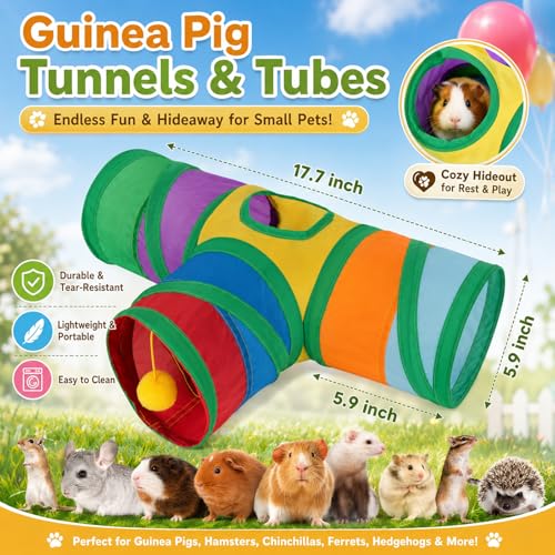 Rypet Guinea Pig Tunnel Hideout 3-Way Collapsible Small Pet Tubes, Rainbow | 3 Way Design for Exploration, Collapsible for Easy Storage, Built-in Play Ball, Hiding & Resting for Hamsters Ferrets - color: Rainbow