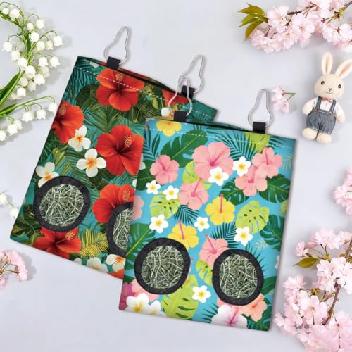 2Pcs 2 Styles Guinea Pig Hay Feeder Rabbits 11.6 x 9.1 Inch Tropical Flowers Design, Hanging Hay Holder Cloth Washable Feeding Storage Bag with 2 Holes for Rabbit Bunny Chinchillas Hamsters - color: Flower-2