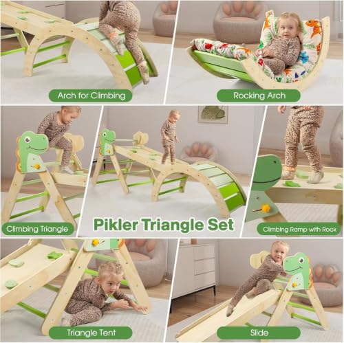 Pikler Triangle Set with Cushion, 7 in 1 Toddler Climbing Toys Indoor | Foldable Space-saving Design, Montessori-inspired Learning, Reversible Slide & Ramp, ASTM F963 Standards for Toddlers 18M-5Y - color: Dinosaur