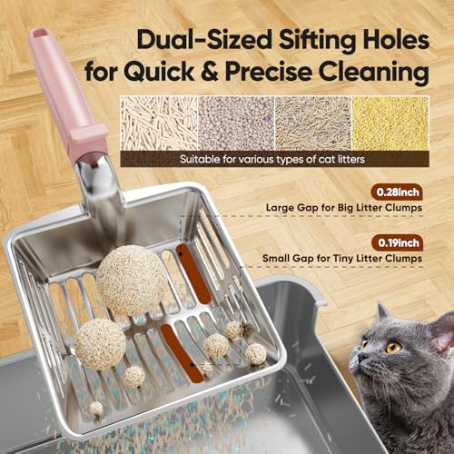 Metal Cat Litter Scoop, Large Cat Scooper with Deep Shovel & Dual Sifting Holes for Fast & Precise Sifting, Space Aluminum Kitty Litter Scooper with Long Handle & Easy-to-Hang Hook - Pink - color: Pink