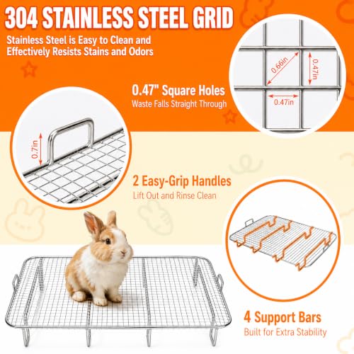 BWOGUE Extra Large Stainless Steel Rabbit Litter Box with Grid for Bunnies | Large Rabbit Litter Box, 23.6 x 15.7 x 11.2 in, High Sides, Removable Grid, Easy to Clean, Prevents Odors and Stains