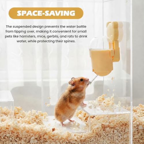 Magnetic Hamster Water Bottle, 3.7 oz Glass Small Pet Water Dispenser with Quiet Vacuum Nozzle, Drop-Resistant Holder for Cage or Glass Tank, for Hamsters, Gerbils and Mice(Yellow)