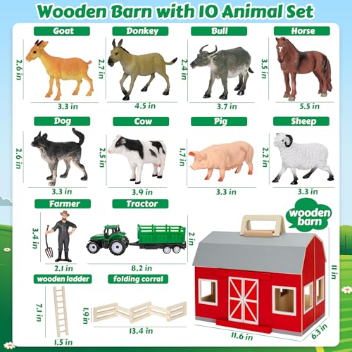 Wooden Barn Toys for Toddlers Ages 3 4 5, Farm Animals Toys for Boys Girls | Big Barn Farm with Figures Animals, Tractor Toy, Farm Playset Educational Preschool Learning Toys, Christmas Birthday Gifts