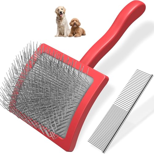 2PCS Slicker Brush for Dogs & Pet Comb,Professional Dog Grooming Brush (Goldendoodles,Poodles,Labradoodles) with Extra Long Pins to Effectively Remove Tangles, Knots and Mats (Red, Large) - color: Red, size: Large