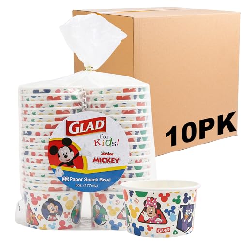 Glad Disney Mickey and Friends Disposable Snack Bowls, 6 Oz, 32 Ct, 10-Pk | Heavy-duty paper, soak-proof, no lids, soup ice cream and everyday treats - size: 32 Count (Pack of 10)