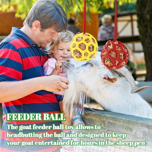 Goat Feeder Hanging Feeding Toy,Horse Treat Hay Feeder Toy, Durable TPR Feeding,for Horse Goat Sheep Relieve Stress,Stretch-Resistant Design(2pcs,Red+Yellow)