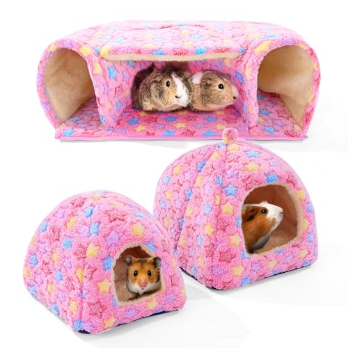 3 Pack Guinea Pig House Accessories, 2 Cozy Guinea Pig Bed and Hideout Tunnel, Chinchillas Hideout for Hamster, Rabbit, Bunny, Chinchillas (Pink, L) - color: Pink
