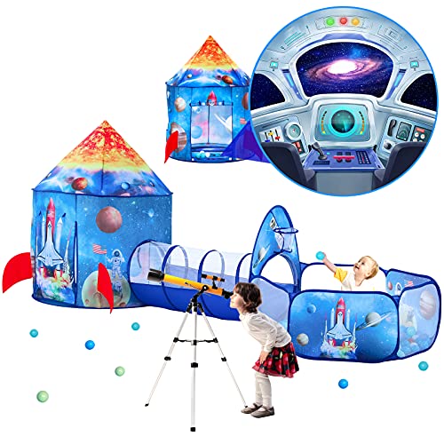 PigPigPen 3pc Kids Play Tent for Boys with Ball Pit, Crawl Tunnel, Rocket Ship Tents for Toddlers, Baby Space World Playhouse Toys, Boys Indoor& Outdoor Play House, Perfect Kid’s Gifts - style: 3PC Rocket Play Tent