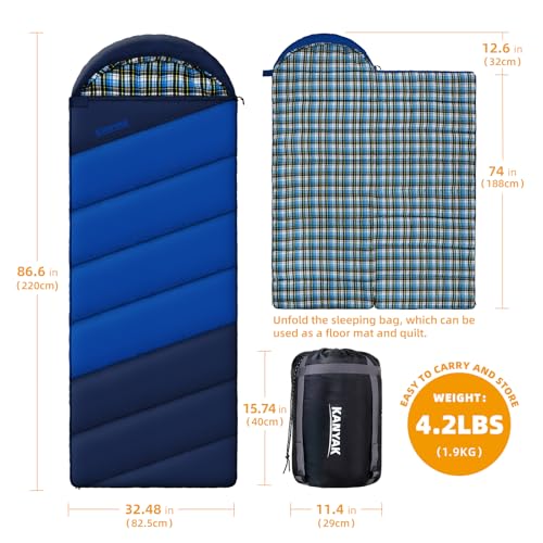 Cotton Flannel Lined Sleeping Bag for Adults Teens Kids, Cold Weather & Warm, 3 Seasons, Lightweight Compact Camping Essentials Equipment, Hiking, Outdoor, Travel - color: Navy Blue