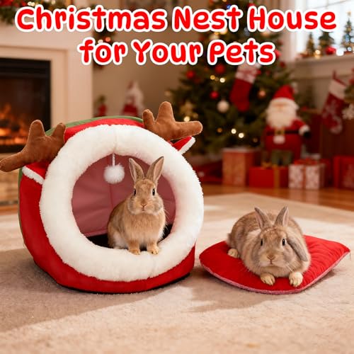 YUEPET Christmas Pet Bed, Reindeer Cave, Bunny Hideout, Guinea Pig Hideout | Semi-Closed Reindeer Cave, Warm Plush Fabric, Removable Cushion, Washable Bed, Anti-Slip Base, Size S, 13.8 in