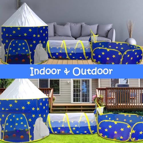 PigPigPen 3pc Kids Play Tent for Boys with Ball Pit, Crawl Tunnel, Princess Tents for Toddlers, Baby Space World Playhouse Toys, Boys Indoor& Outdoor Play House, Perfect Kid’s Gifts - style: 3PC Blue Star Play Tent