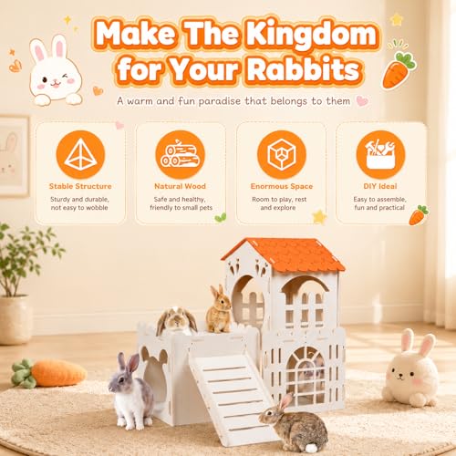 Large Rabbit House, Wooden Bunny Castle with 3 Houses Indoor, Rabbit Guinea Pig Cage Multistory Climbing Tower Sturdy Wooden Castle, Small Animal Hideaway Tunnel, Orange - size: 3 Houses-Orange