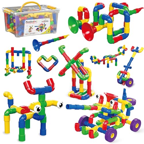 PicassoTiles PTT136 136pcs Tubular Pipes & Spout STEAM Interlocking Educational Building Block Set, Tube Locks, Pipeworks Construction Blocks w/Storage Container Box, Idea Book, Flute Musical Kit | 7 tube styles, easy-connect joints, idea guide, storage c