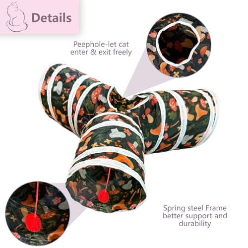 3 Way Cat Tunnel Collapsible Fun Pet Play Tube Toys for Cats, Kittens, Puppies & Rabbits - Portable Tunnel with Hanging Ball for Indoor Play, Hideout & Exercise - color: Mushroom