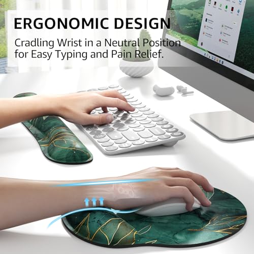 KTRIO Keyboard Wrist Rest & Mouse Pad with Wrist Rest, Green Leaves | Memory Foam Wrist Support, Ergonomic Design, Non-Slip Base, Office and Home Use - color: Green Leaves