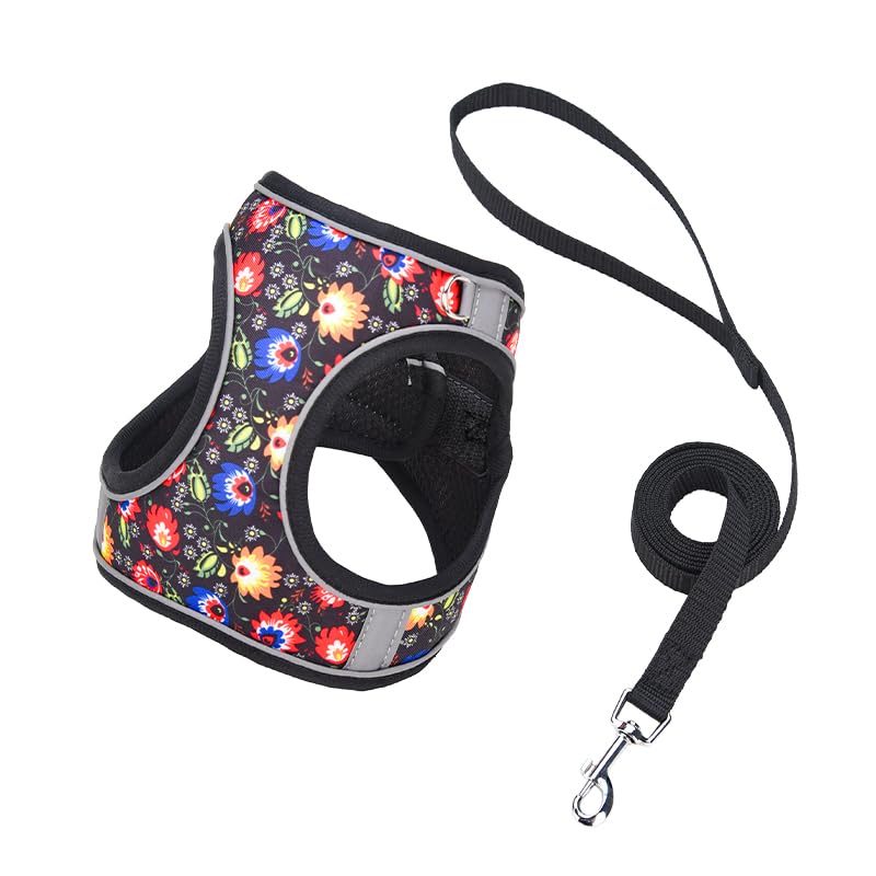 Step in Dog Harness No Pull Flower Adjustable Soft Mesh Harness | Reflective Pet Vest Harness and Leash Set for Small Medium Dogs - color: Black, size: S(neck:10.5"-12",chest:13.5"-16")