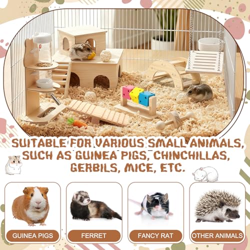 Leinuosen 19 Pcs Hamster Cage Accessories Toy Set Large 12*9*7 Inch Wood House with Window and Water Bottle with Stand Foraging Toy Hideout Hamster Climbing for Starter Guinea Pig Small Animal Habitat