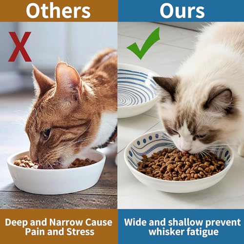 3 Ceramic Cat Bowls,5.5 inch Wide Shallow Cat Food Bowl for Relief Whisker Fatigue B Style - color: Blue-B