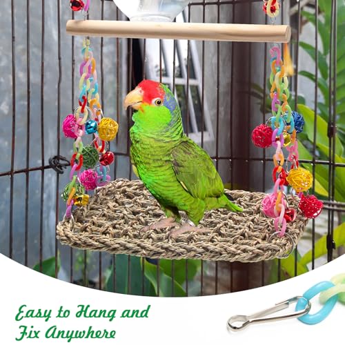 Bird Swing Toys Coolrunner Bird Hammock Bed Hanging Swing Nest Cotton | Weave Hemp Rope Bird Seagrass Swing Toys with Colorful Bells Bird Swing Toys for Parakeets, Budgie, Conure, Cockatiel