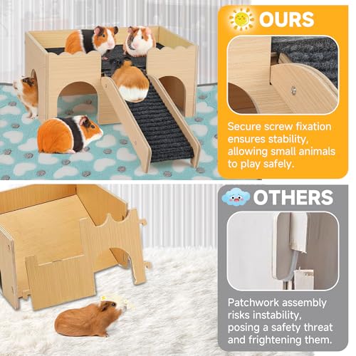 Wooden Guinea Pig Hideout Castle with Stairs,Small Animal Bed Hut Habitats Spacious 2-Level Detachable Small Pet House for Rabbits, Hamsters & Chinchillas Bunny (Grey) - color: Grey