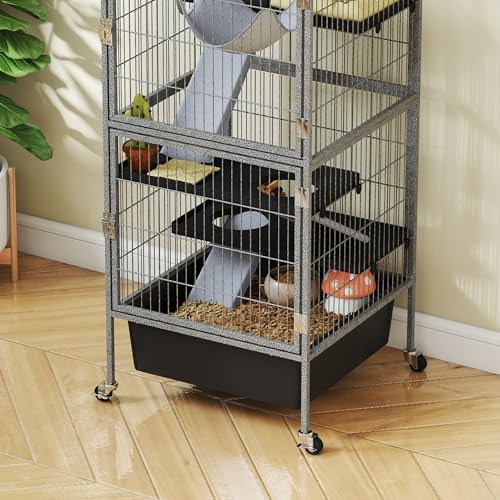 PawHut 45 Inch Small Animal Cage, 4-Tier Rolling Ferret Chinchilla Rabbit Cage with 6 Inch Deep Slide-Out Tray, Platforms, Hammock, for Bunnies, Ferrets, Chinchillas, Squirrels, Gray | Ferret Chinchilla Rabbit Cage, 6 Inch Deep Slide-Out Tray, Platforms,