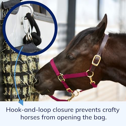 SmartEquine Slow Feed Hay Bag for Horses, 4 Flakes, 37" x 30", Black | 2" Holes | Hay Feeder Net with Resistant Nylon | Gator Mouth Enclosure for Easy Loading | Fits 10-15 lbs of Hay