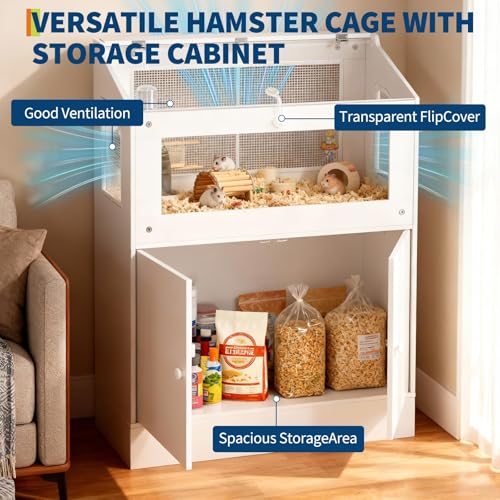 Hamster Cage with Storage Cabinet, Small Animal Cages, Clear Visual Acrylic Panels and Ventilated Design, Enclosure for Hamsters, Gerbils, Rats, Guinea Pigs and Hedgehogs