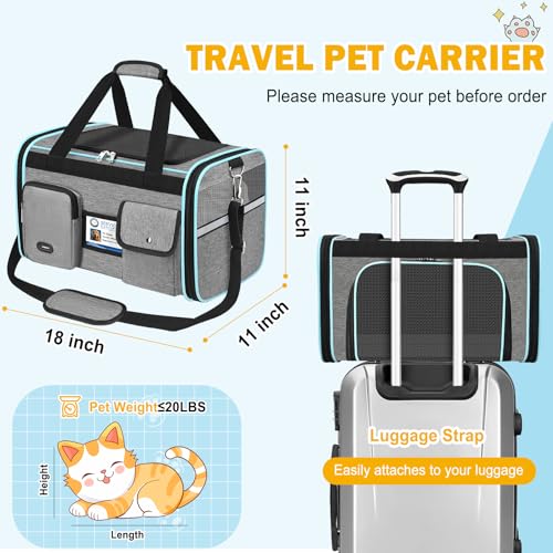 HUANLANG Large Cat Carrier Soft Sided Travel Pet Carrier Airline Approved | Dog Carriers for Small Dogs Medium Cats,Collapsible,3 Storage,zipper lock,Reflective strips,Luggage Strap, Up to 15 Lbs, Grey - color: Gray