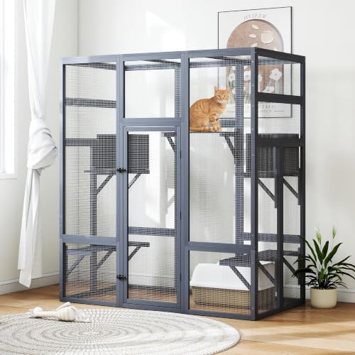 COZIWOW Weatherproof Wooden Multi-Level Indoor Outdoor Cat Enclosure | Multi jump platforms, resting boxes, lockable door, multi-pet compatible, weatherproof wood, easy assemble & clean