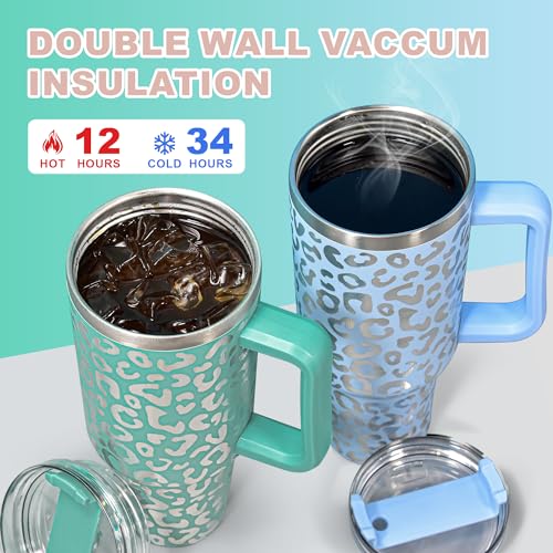 40 oz Tumbler with Handle and Straw, 100% Leak-Proof Travel Mug, Stainless Steel Double Wall Vacuum Insulated Coffee Cup Keeps Cold For 34 Hours, Dishwasher Safe, Canyon Clay Leopard - color: Canyon Clay Leopard