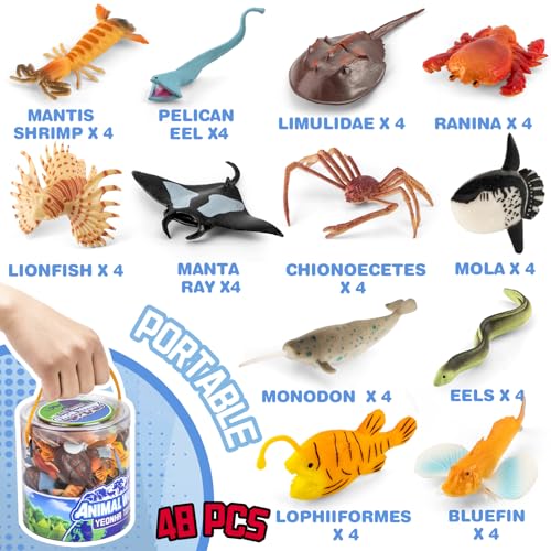 48 Piece Ocean Animal Toys with Gift Box, Mini Sea Creature Figures | Mini Vinyl Plastic Ocean Animal Figure, Themed Sensory Bins, School Project, Birthday Cupcake Topper Party Supplies, Preschoo