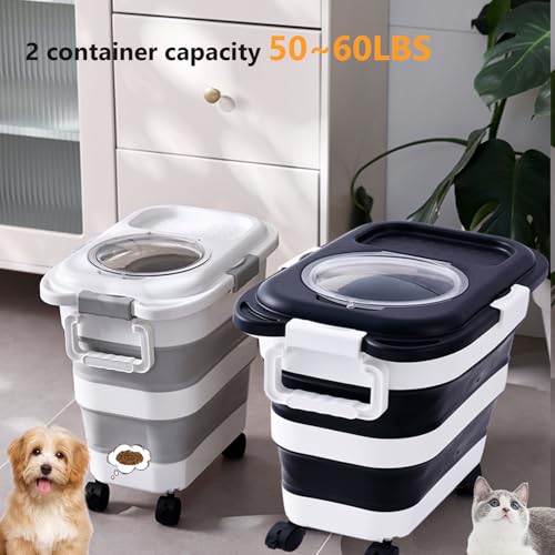 SEWIU 2pack 25 lbs Dog Food Storage Container,Collapsible Dog Food Container with Scoop,Pet/Dog/Cat/Bird Food/Cat litter Storage Containers to Keep Dry,Easy to Move.(Black+white) - color: 2-25LB-black&white