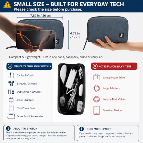 Small Electronics Organizer Travel Case, Cord and Cable Tech Bag Pouch | Compact soft tech Bag pouch for cables cords chargers earbuds and slim power bank water-resistant for travel, cruise and work - color: Blue, size: Small