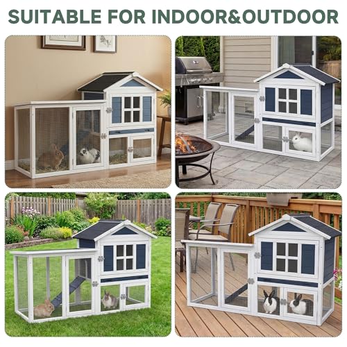 Large Outdoor Rabbit Hutch with Waterproof Asphalt Roof, 54.7” x 22.6” x 34” Wooden Bunny Cage for 2 Rabbits, Guinea Pigs & Chickens, Easy-Clean Pull-Out Tray & Anti-Rust Metal Door
