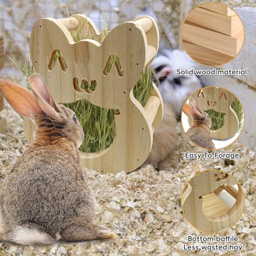Tfwadmx Rabbit Wooden Hay Feeder Alfalfa Timothy Hay Dispenser Hamster Hanging Fixed Feeding Manger Squirrel Cute Less Mess Grass Dispenser for Bunny Guinea Pig Small Animals