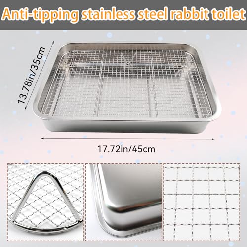 kathson Stainless Steel Rabbit Litter Box,Metal Litter Tray for Rabbits,Large Space Stainless Steel Bunny Litter Pan with Grid,Small Animal Toilet Training Accessories for Cats Guinea Pig Hamster