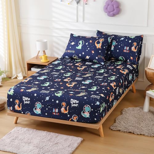 Full Sheet Set for Boys Dinosaur Outer Space Themed Kids Bed Sheet 4 Piece | 15 inch Deep Pocket Fitted Sheet and Pillowcase Set,Soft Breathable Microfiber Cartoon Printed Bed Sheet for Kids Room - color: Space Dinosaur, size: Full