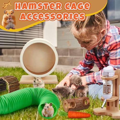 19 Pcs Hamster Cage Accessories & Habitat Set, Wooden Silent Exercise Wheel Wood Hide Out Tree Trunk Tunnel Tube Water Bottle Set Sand Bath Bowl Chew Toys for Dwarf Hamster Gerbil Mouse