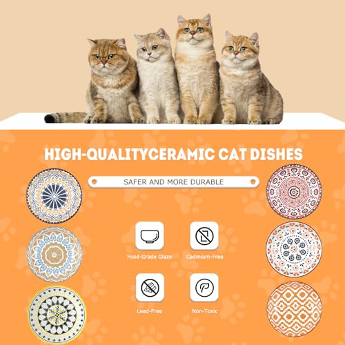 Cat Food Bowl, 6 Pack Ceramic Cat Dishes for Food & Water, Kitten Bowls Set | 5.5" Shallow Feeding Bowls for Wet Meals, Kibble & Water, Whisker Friendly Wide Plates for Cats, Dishwasher & Microwave Safe - size: Boho–6 Pack