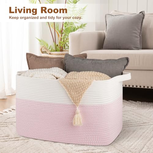OIASKET 108L Cotton Rope Storage Basket for Living Room and Bedroom 25"x16"x16" Woven Laundry Basket, Heavy Duty Bin for Blankets, Pillows & Toys, Pet-Safe & Scratch-Free, Pink and White - color: Pink & White